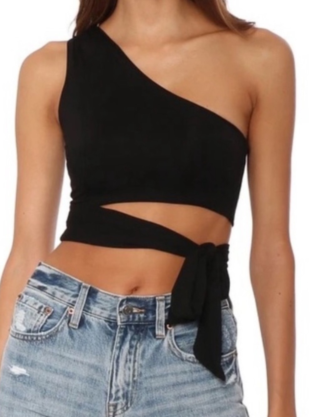 Juli Mei Asymmetric One-Shoulder Black Stretch Satin Wrap Crop Top